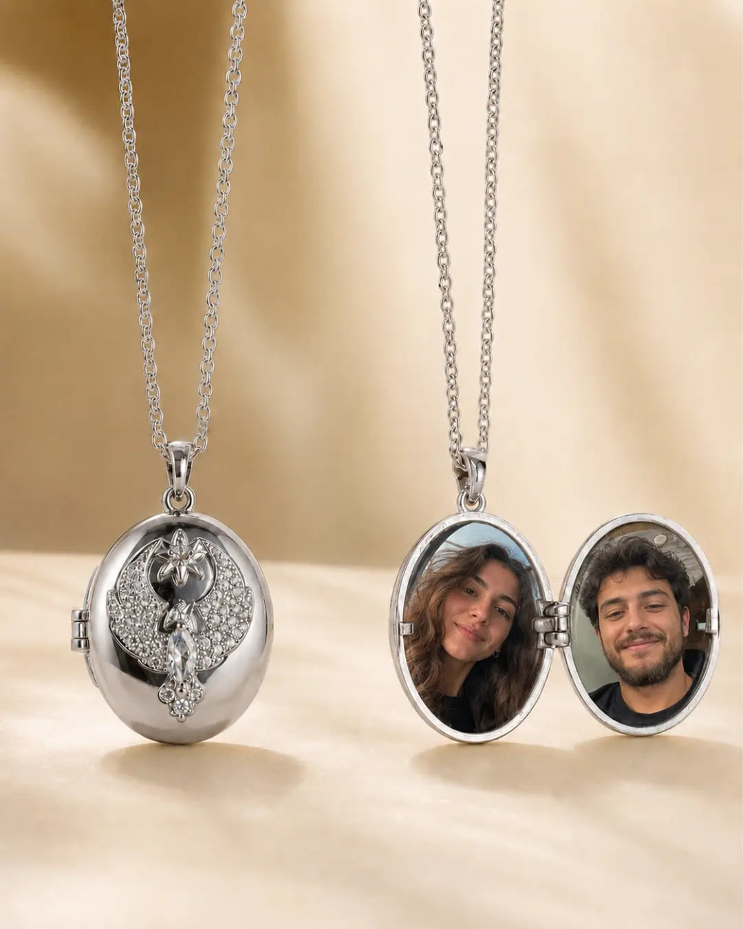 Kişiye Özel Gümüş Renk Anka Kuşu Motifli Fotoğraflı Kapaklı Oval Madalyon Kolye No:16