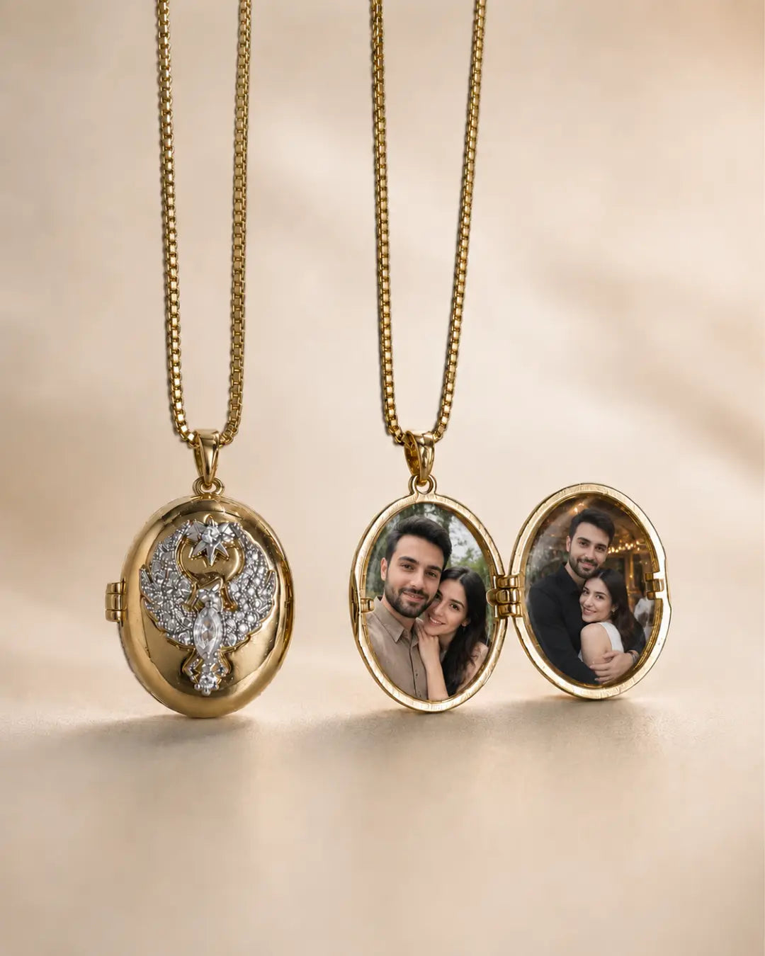 Anka Kuşu Motifli Kişiye Özel Fotoğraflı Madalyon Kolye Gold - No 17