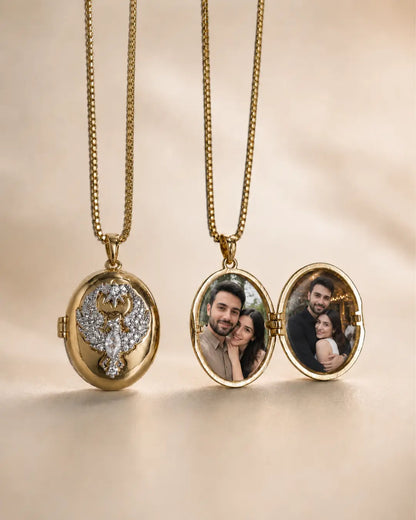 Anka Kuşu Motifli Kişiye Özel Fotoğraflı Madalyon Kolye Gold - No 17