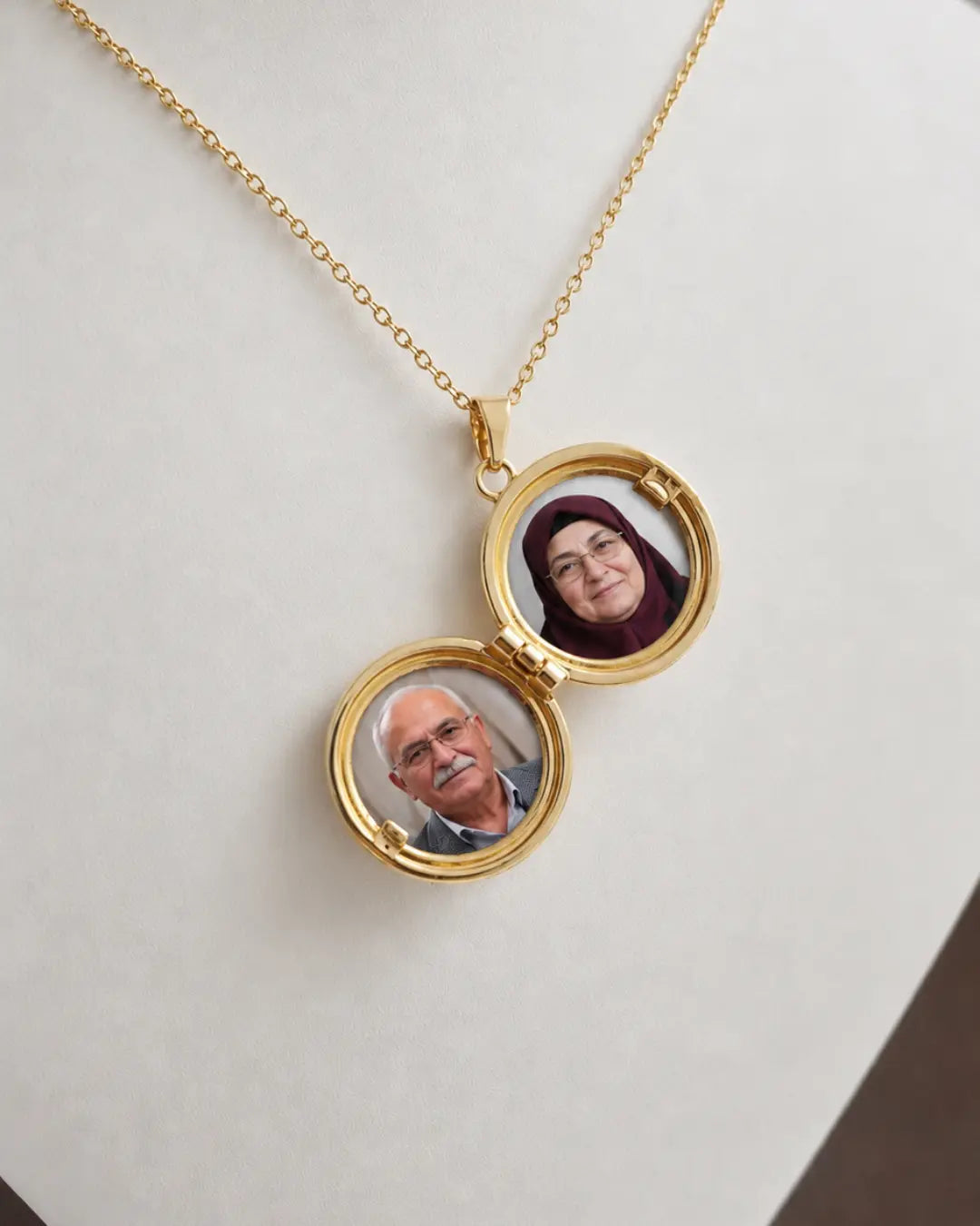 Kişiye Özel Mavi Mineli Güneş Motifli Fotoğraflı Kapaklı Madalyon Kolye No:3