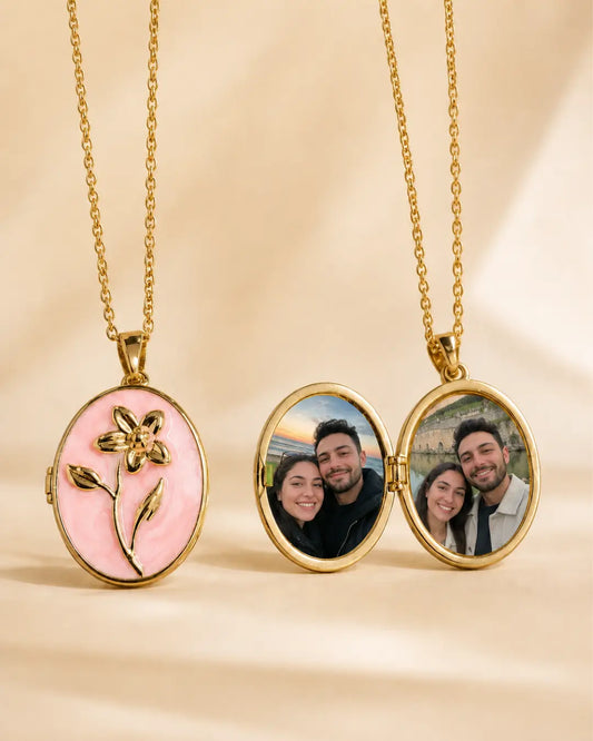 Kişiye Özel Altın Renk Pembe Unutma Beni Çiçeği Motifli Fotoğraflı Kapaklı Oval Madalyon Kolye No:37