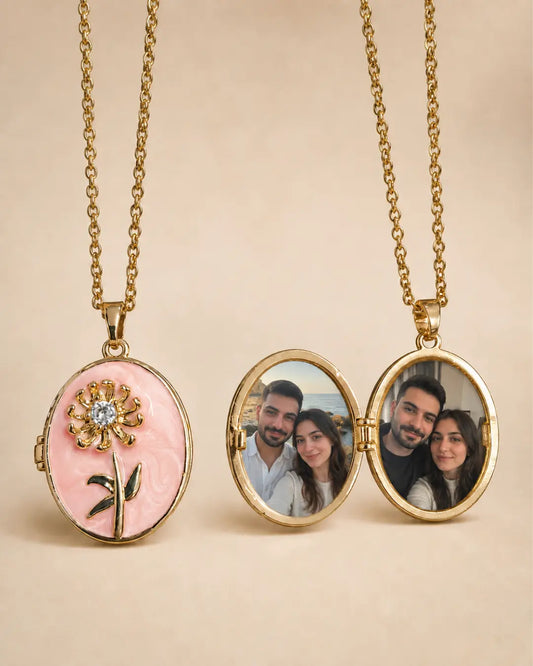 Kişiye Özel Altın Renk Pembe Mineli Papatya Motifli Fotoğraflı Kapaklı Oval Madalyon Kolye No:38