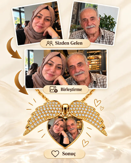 Kişiye Özel Fotoğraflı Melek Kanatlı 925 Ayar Gerçek Gümüş Kolye - Resimli Özel Gül Kutusu Hediye Seti